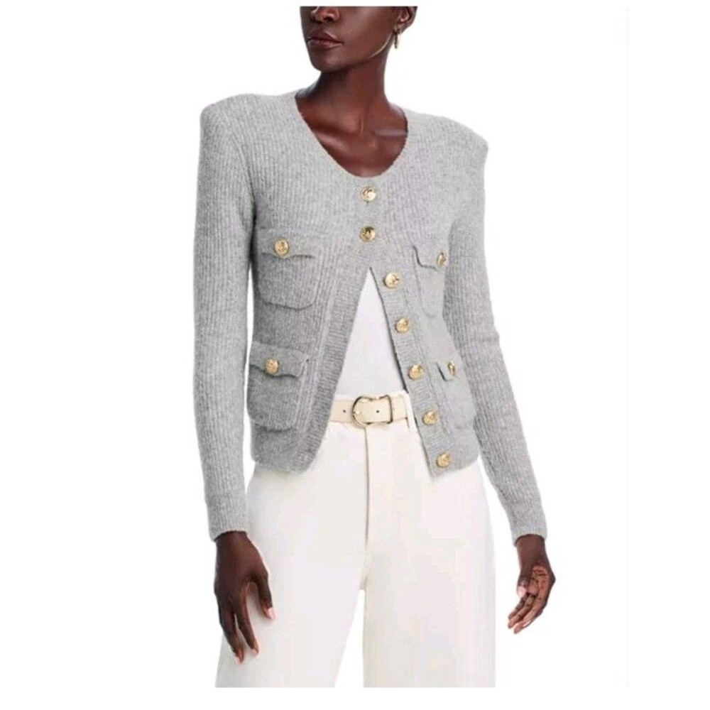 Generation Love Gray Knit Cardigan Sweater Wool +Yak ,Gold Button Crew Neck L